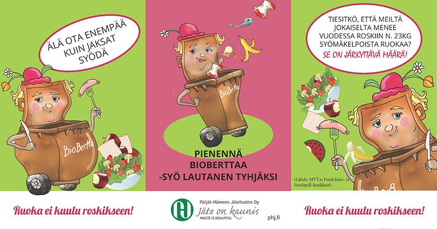 Ruoka ei kuulu roskikseen -kampanjan pöytäständimainos, jossa kerrotaan kampanjan ydinviestit